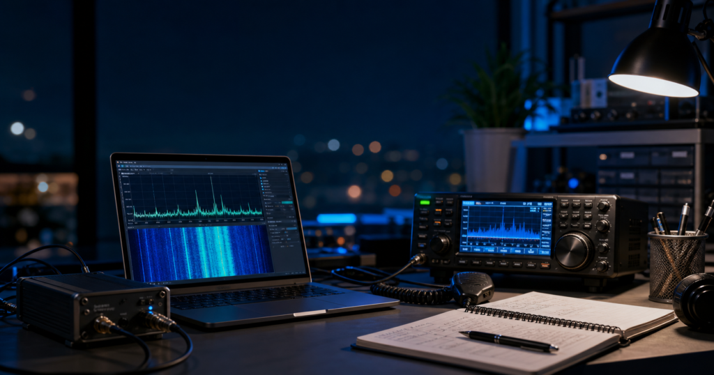 Radio workbench with SDR equipment, laptop spectrum display, and AI-assisted development tools