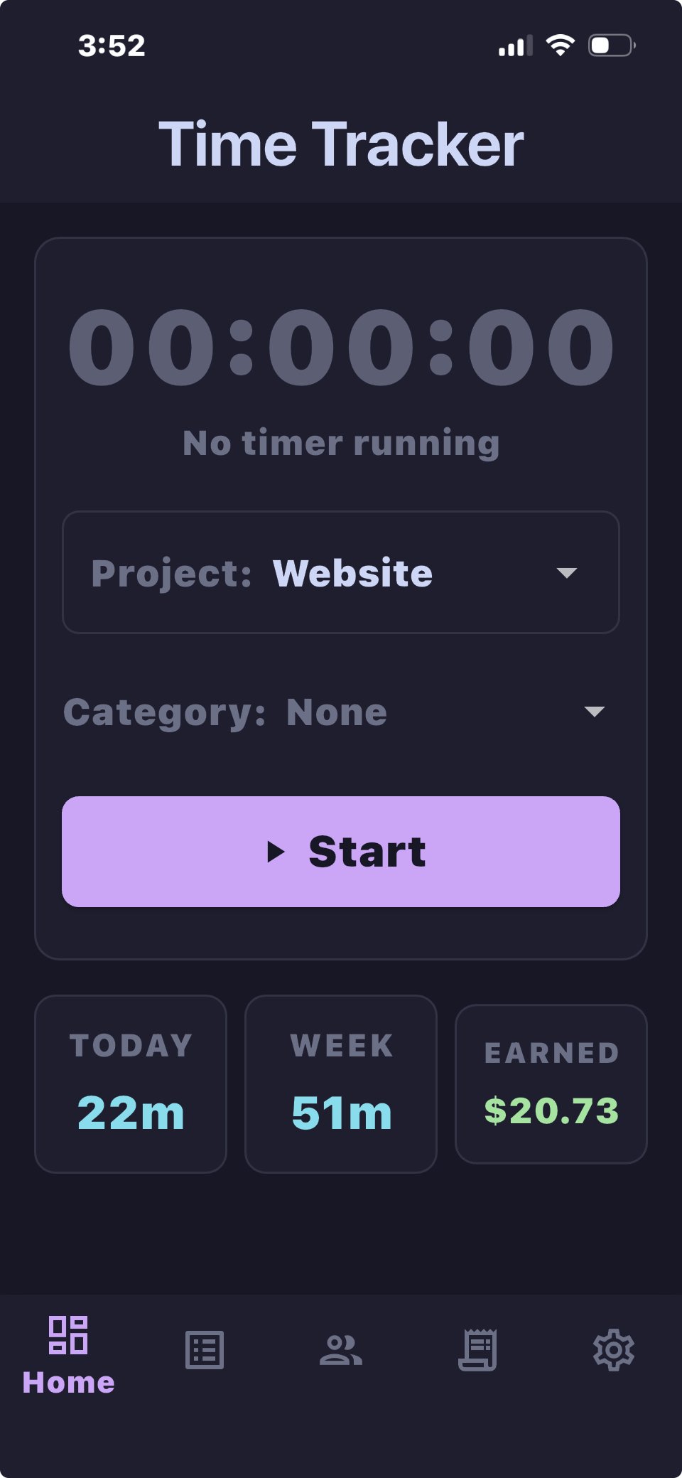 TimeTrack & Invoice Home screen with project selection and Start button