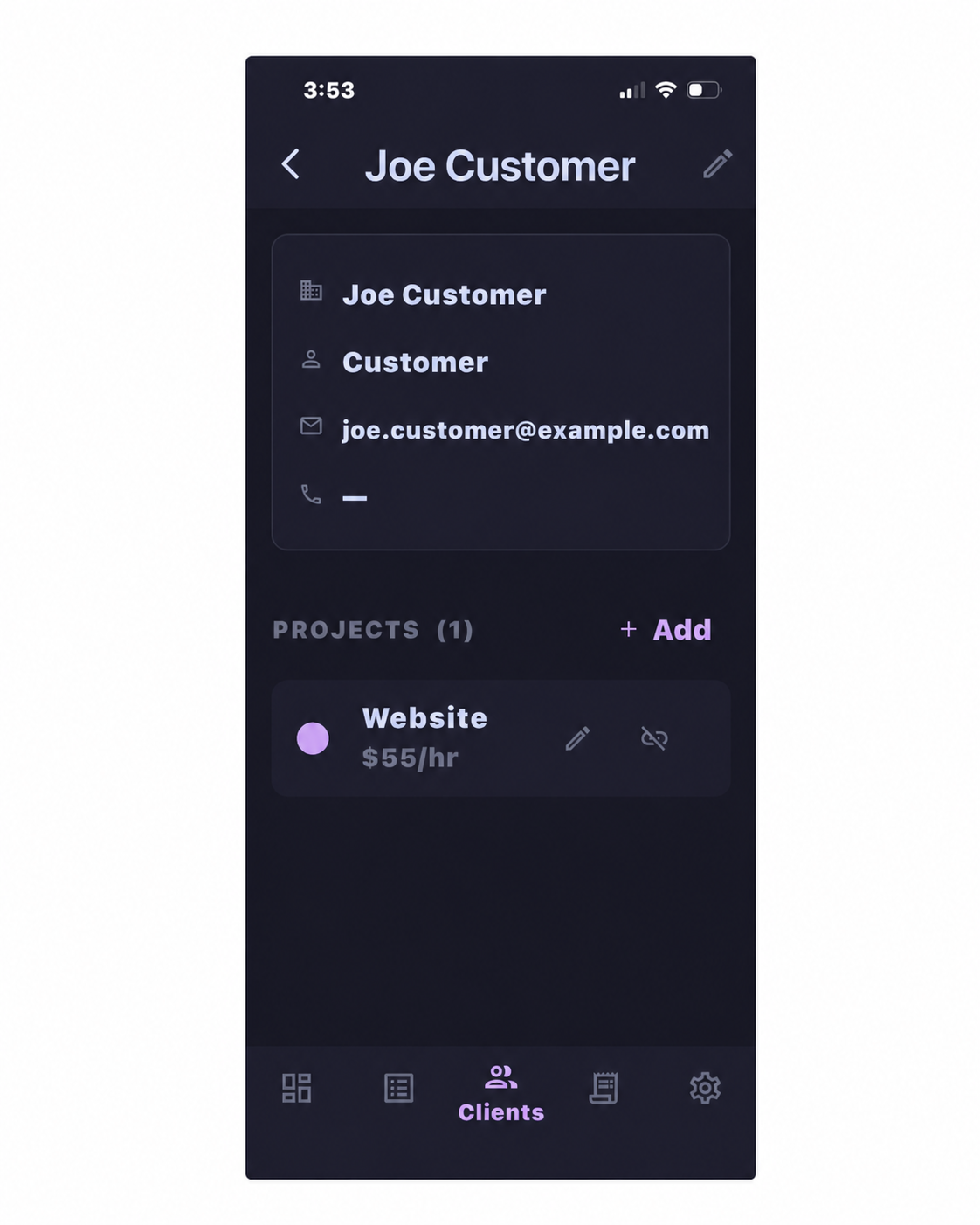TimeTrack & Invoice Clients screen showing Joe Customer and the Website project